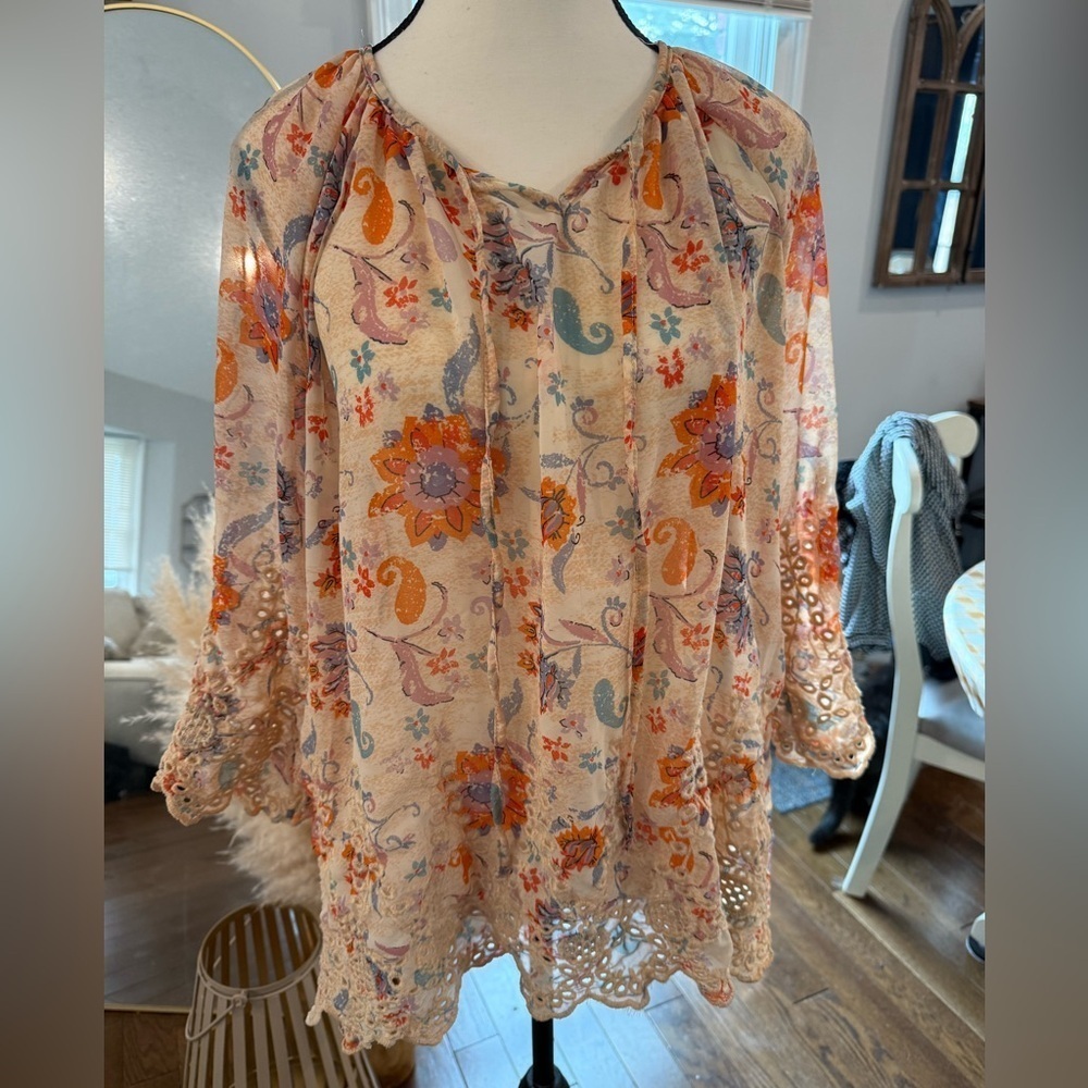 Floral Crochet-Trim Peasant Top - Pink, Orange, Blue.